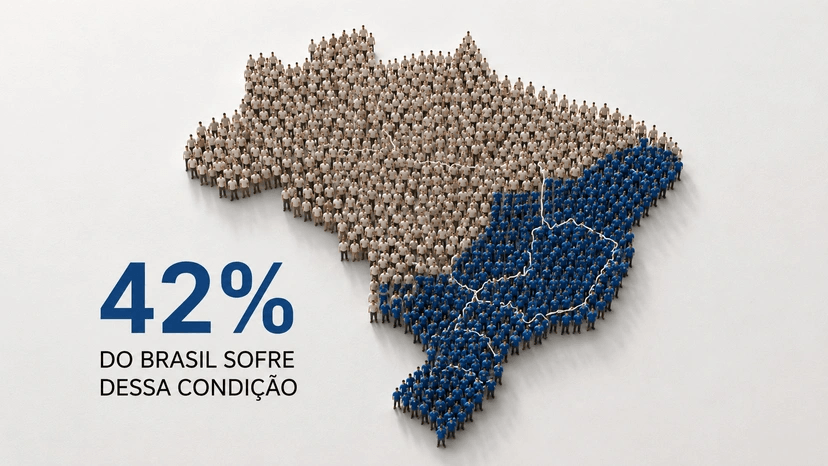 Mapa do Brasil formado por pessoas, com o texto: 42% do Brasil sofre dessa condição.